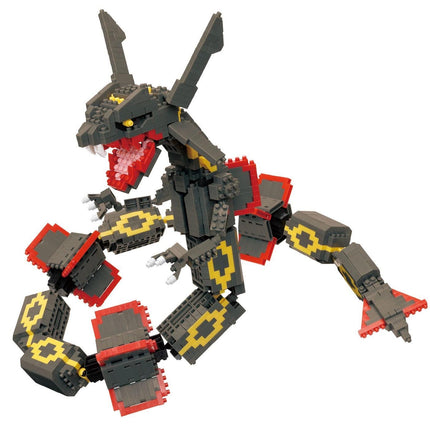 A LEGO robot with a fierce expression and sharp teeth, made up of various LEGO pieces in shades of gray, red, and yellow.