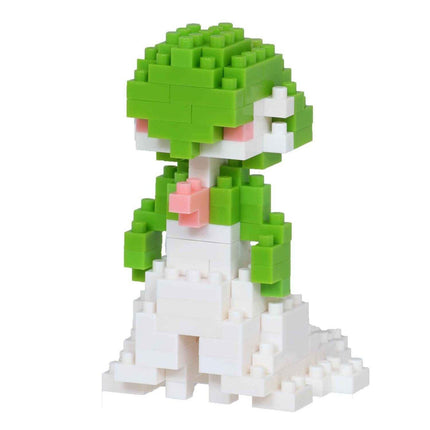 A green and white Lego figure made up of numerous small Lego bricks.