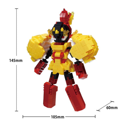 a colorful and detailed toy robot made of small building blocks, with various arms, legs, and accessories.