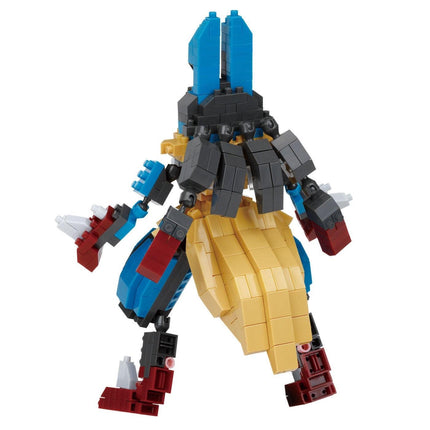 A colorful and intricate LEGO robot made up of various blocks in different colors and shapes, including blue, red, yellow, and gray.