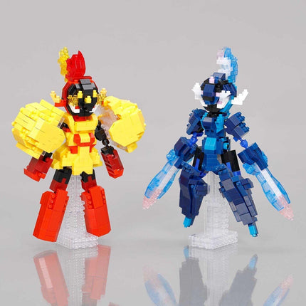 Two colorful, robotic figures made of small building blocks stand side by side against a gray background.