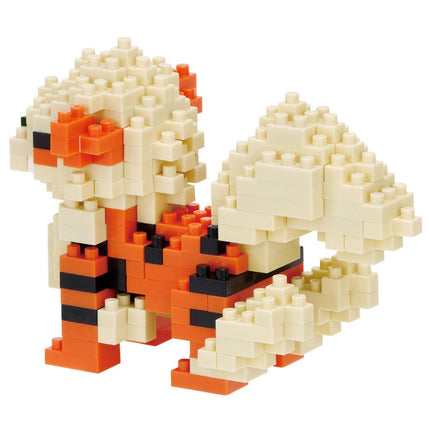 A colorful, 3D-built toy resembling a small animal or creature, composed of numerous small, orange and white building blocks.