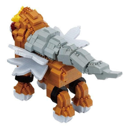 A toy resembling a dragon or mythical creature made of small, colorful building blocks.