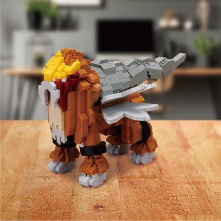 A LEGO figurine of a dragon-like creature with a yellow head and gray body, standing on a wooden surface.