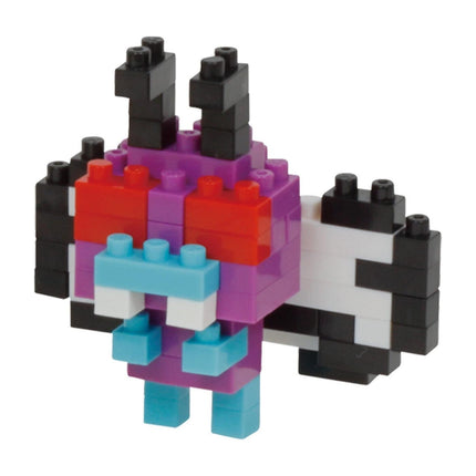 A colorful, pixelated character made up of various blocks in different colors, including red, black, and blue.