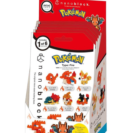 A red and white packaging box for a collection of Pokemon characters, specifically focusing on the type "Fire". The box contains various Pokemon characters and is labeled as a "Nanoblock" product.