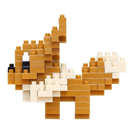 A pixelated image of a brown and white LEGO figure composed of numerous small blocks.