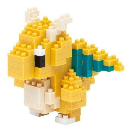 A yellow and teal-colored pixelated figure made up of numerous small blocks.
