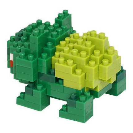 A green and yellow toy made of small building blocks.