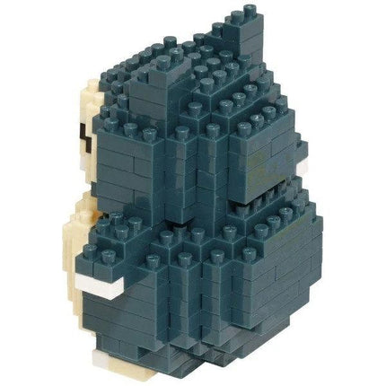 A 3D model of a Pokemon character made of small blue and green building blocks.