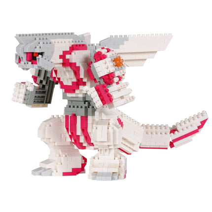 A toy or model of a LEGO or BAMBOO dinosaur, made up of numerous small bricks in various colors, including white, red, and gray.