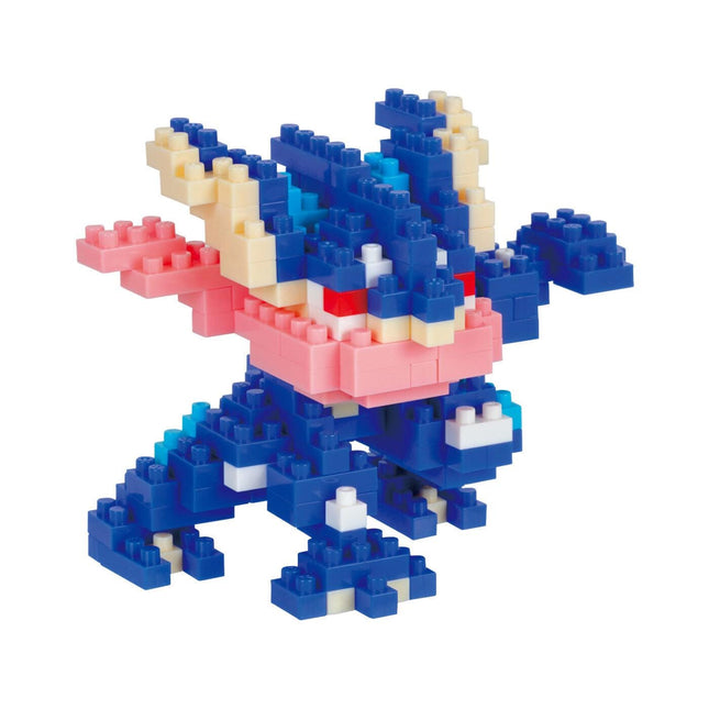 A colorful, pixelated toy resembling a dragon or mythical creature made up of various blue, pink, and white building blocks.
