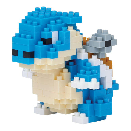 A blue and white Lego figurine made up of numerous small Lego bricks.