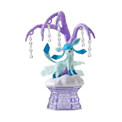 A figurine of a blue and white Pokémon character, resembling Pikachu, is displayed on a purple and white pedestal.