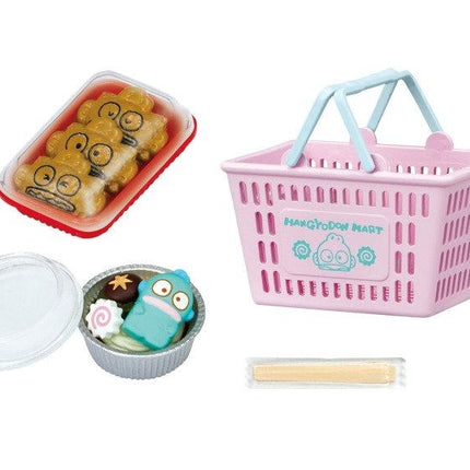 various food items and a pink basket with a cartoon character on it, all arranged on a white background.