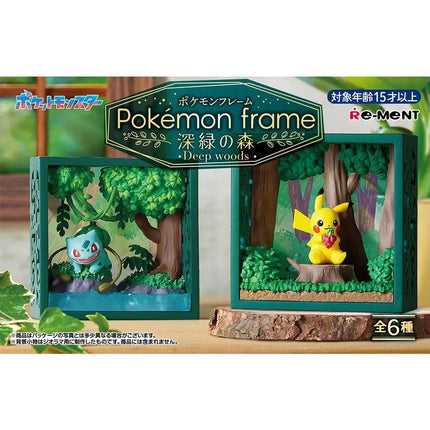 two Pokemon figurines, one in a forest setting and the other in a grassy area, both displayed in a green frame.