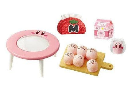 a pink table, a pink toy, a pink toy box, a pink toy cup, and a pink toy plate with pink toy food on it.