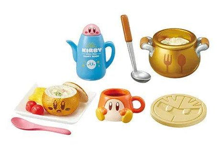 a variety of colorful and whimsical kitchen items, including a teapot, a soup bowl, a coffee mug, a spoon, a plate with food, and a character-themed mug coaster.