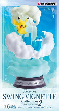 A figurine of Pikachu and Vignette from the Pokemon game series, with Pikachu sitting on a cloud and Vignette on a swing. The figurine is displayed on a base, and the image is described as a "Pokemon Swing Vignette Collection 2".