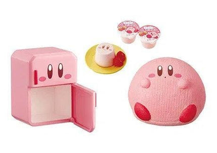 a pink toy refrigerator, a pink toy cake, and a pink toy doll.