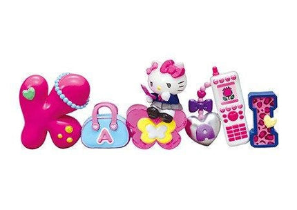 A collection of colorful Hello Kitty toys, including a pink kite, a pink bow, a pink phone, a pink purse, a pink butterfly, and a pink heart.