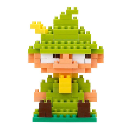 A colorful, pixelated toy figure made of building blocks in various shades of green, yellow, and brown.
