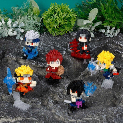 A collection of colorful, pixelated figurines representing characters from a video game, set against a backdrop of greenery and rocks.