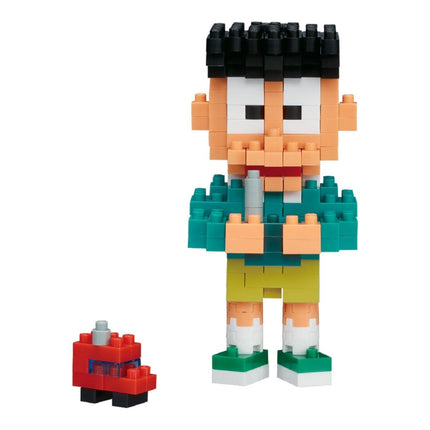 A small red toy car next to a larger toy figure made of building blocks.