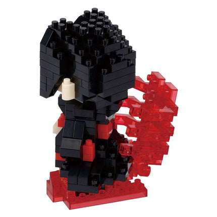 A black and red LEGO figure made up of numerous small bricks.