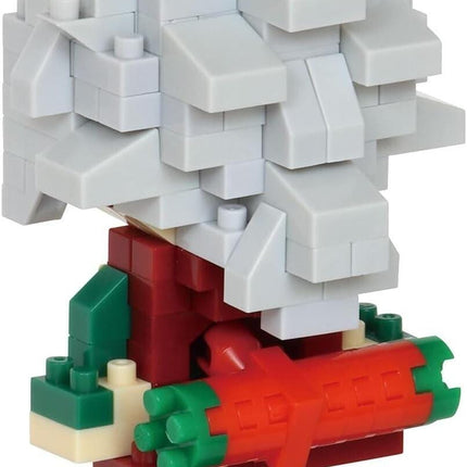 A toy figurine composed of numerous small white and red building blocks, creating a unique and intricate design.