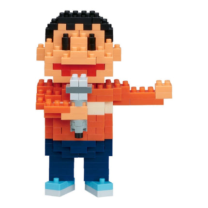 A colorful, pixelated figure of a boy holding a microphone.