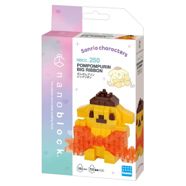 The image is a packaging box for a "nanoblock" toy, specifically a "NBBc 250 Pompompurin Big Ribbon" set. The box features a cartoon image of the toy and includes Japanese text.