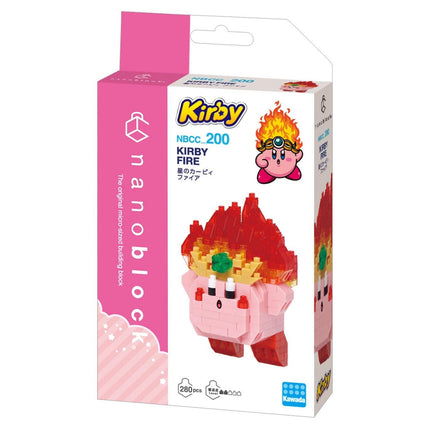 a pink and white packaging for a toy called the "Kirby Fire" made of small building blocks.