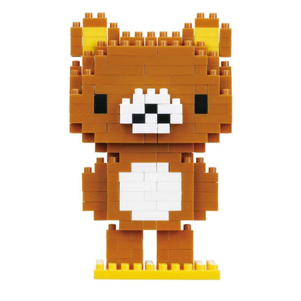 A pixelated image of a brown bear made up of small blocks, standing on a yellow base.