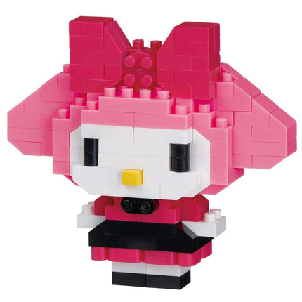 A pink and white Hello Kitty-style character made up of small building blocks.
