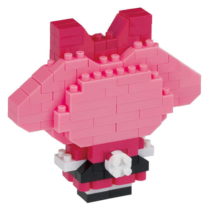 A pink and black Lego figure made up of various Lego bricks.