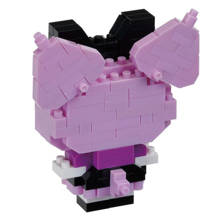 A pink and black Lego figure made up of various Lego bricks.