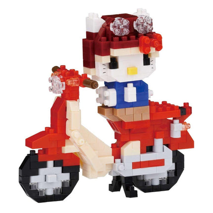 A Hello Kitty-themed building block toy, consisting of a red scooter and a Hello Kitty character wearing a blue shirt and a red helmet with lights.