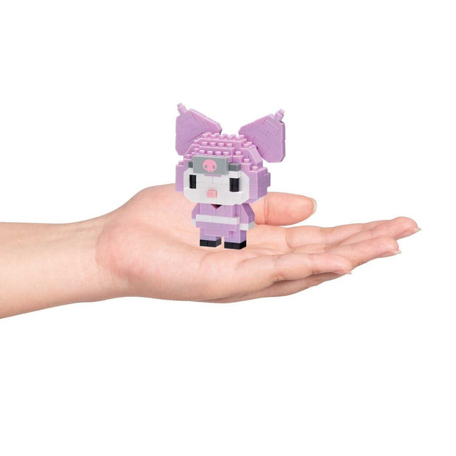Mini purple Kuromi ninja nano block figure held in hand, front view