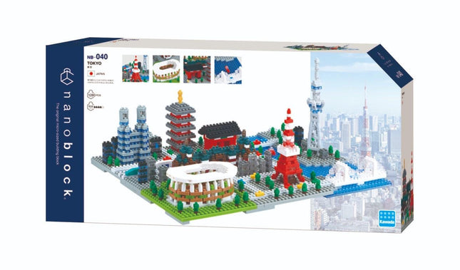 The image is a box containing a model kit of various buildings and structures, including a tower, a stadium, and other landmarks, set against a backdrop of a city skyline.