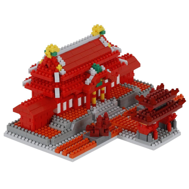 A 3D model of a red and white building made of small red and white building blocks, resembling a traditional Chinese temple or pagoda.