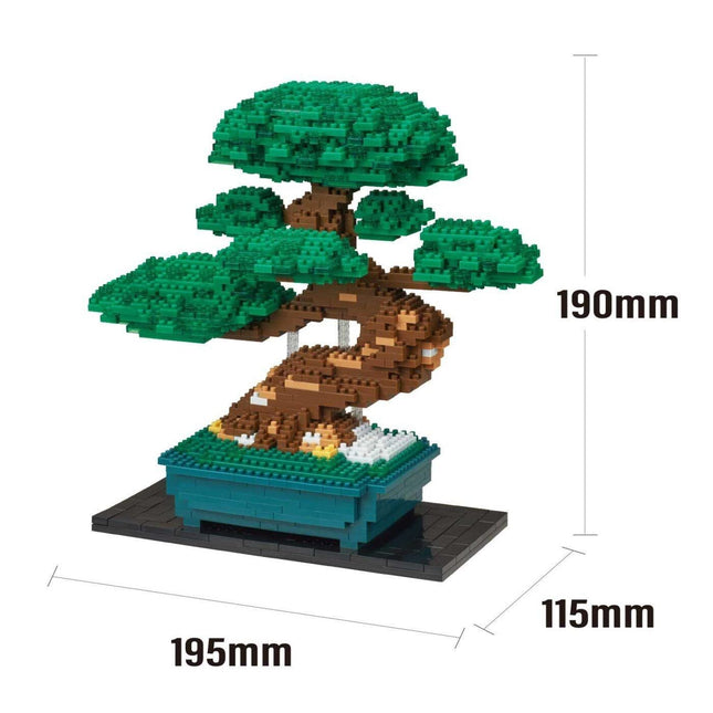 A detailed 3D model of a bonsai tree made of small Lego bricks, with a green top and brown trunk. The tree is displayed on a blue base, and the image is approximately 190 millimeters in height and 115 millimeters in width.