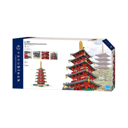 The image is a box containing a model kit for building pagodas, a traditional Japanese temple with multiple tiers and spires.
