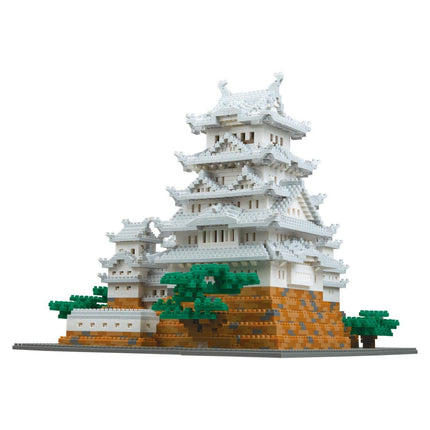 A detailed model of a traditional Japanese castle or pagoda, composed of small, colorful building blocks.