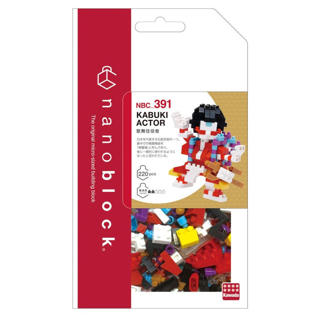 The image is a packaging for a product called " Kabuki Actor" from the "nano block" brand. It features a close-up of the product itself, which is a building block set, as well as a collage of various building blocks. The packaging has a red and white color scheme, and the product is described as being "The original micro building block" and "220 pieces".