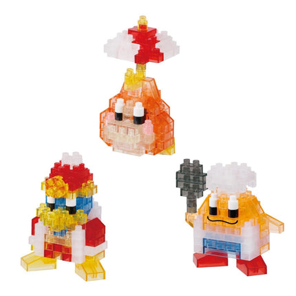 three colorful, pixelated character figures made of building blocks, arranged in a triangular formation.