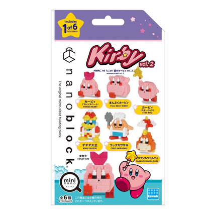 The image is a packaging for a set of six small, colorful figurines of characters from the video game "Kirby". The packaging features a purple and white color scheme with a star design at the top.