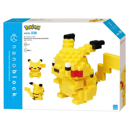 a Pokemon-themed building block set called "Pokemon" from the "Nano Block" series. The set includes a large yellow Pikachu figure and smaller versions of the character. The packaging is blue and white, with the product name and model number clearly visible.