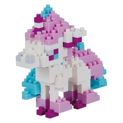 A colorful, 3D-built toy resembling a unicorn made of small, multicolored building blocks.