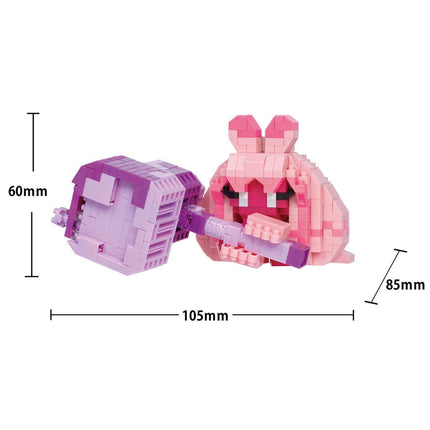 A pink and purple building block figure is shown, with measurements provided.